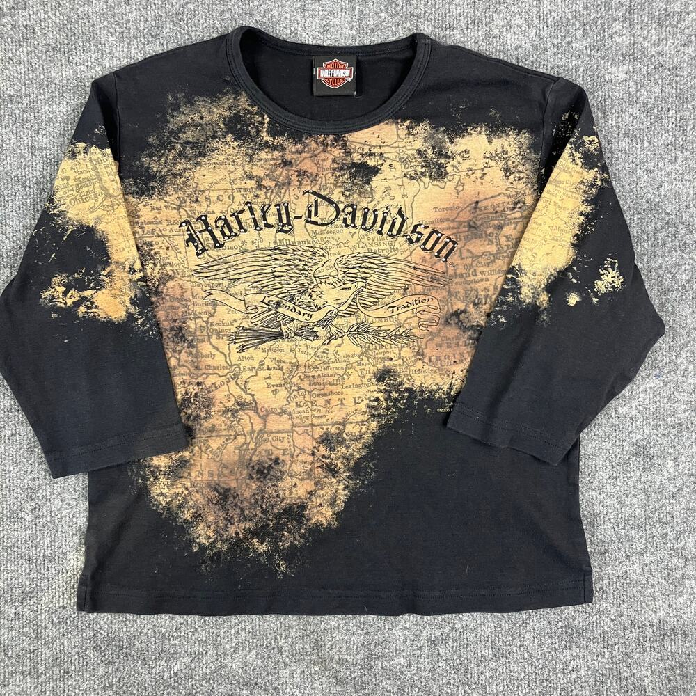 Harley-Davidson Shirt Womens XL Black 3/4 Sleeve Bleached Map Graphic